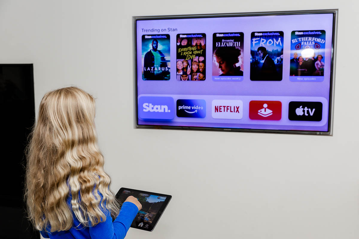 Audio visual demonstration with smart home automation on a TV, C-Bus
